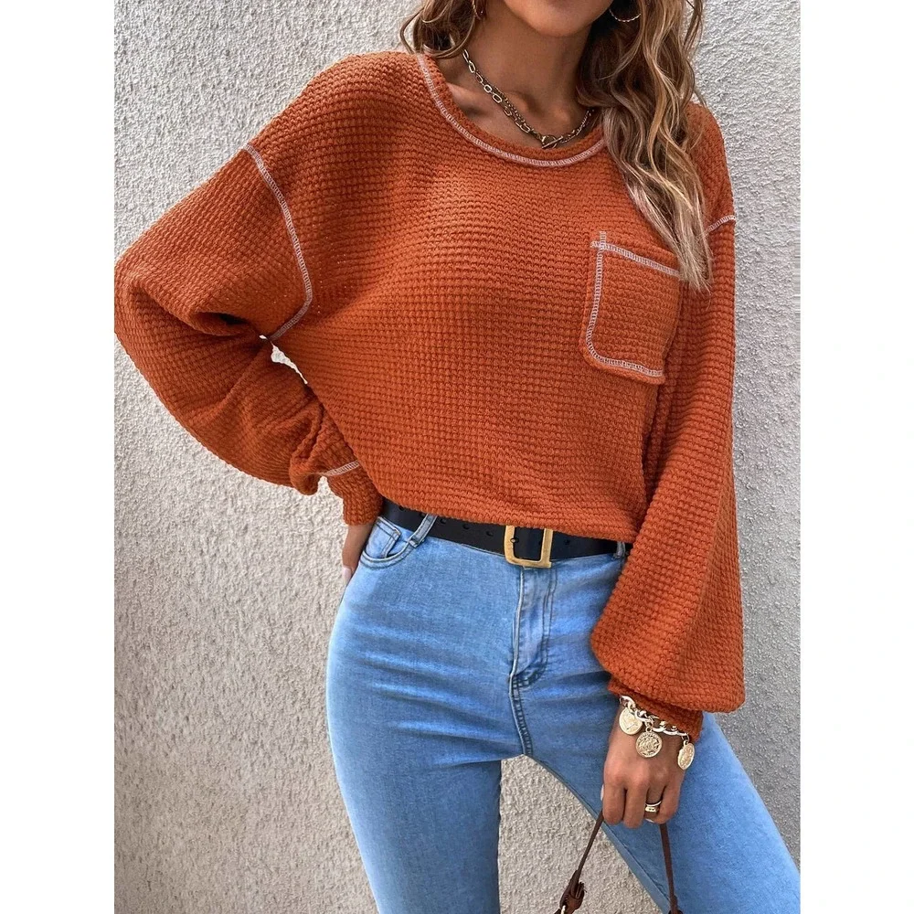 Minimalist Bishop Sleeve Pocket Patched Topstitching Tee waffle thermal - Picture 1 of 10